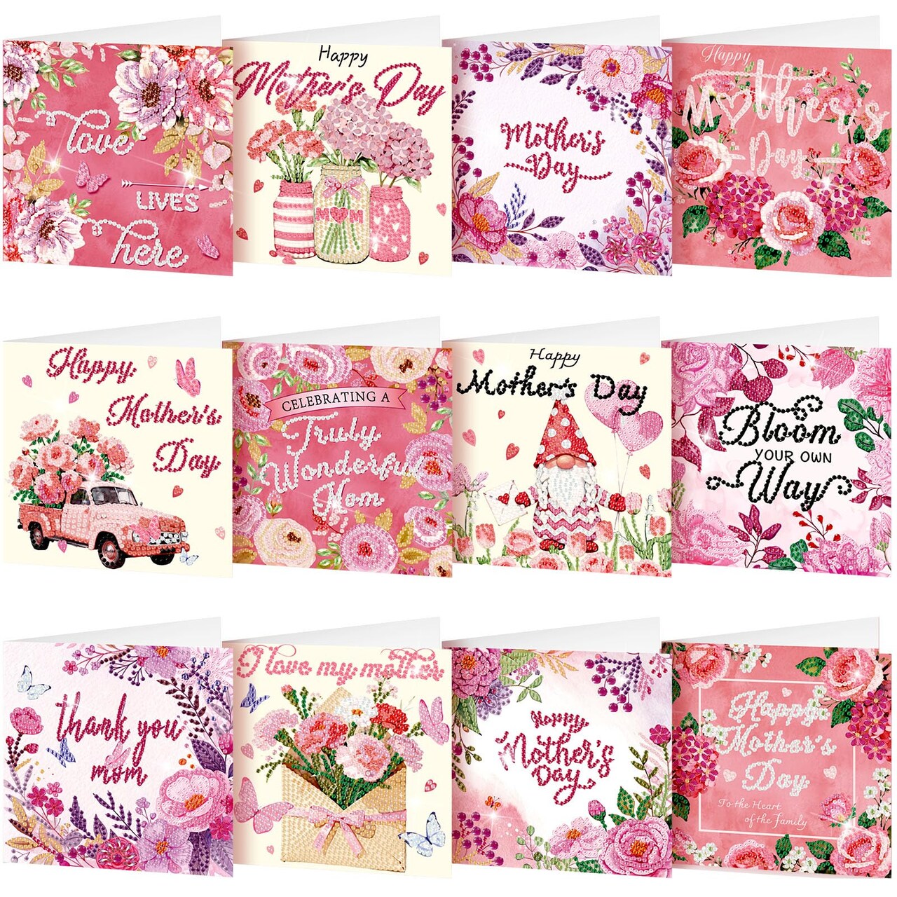 Saillong 12 Pack Mother's Day Diamond Painting Greeting Card Kits Mother's Day Diamond Art Cards with Envelopes 5D Rhinestones Painting Making Kits for Adult DIY Craft Family Friend Holiday Mom Gifts
